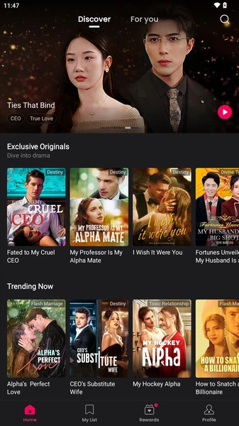 Interface do aplicativo DramaBox mostrando series exclusivas como Ties That Bind, Exclusive Originals e Trending Now