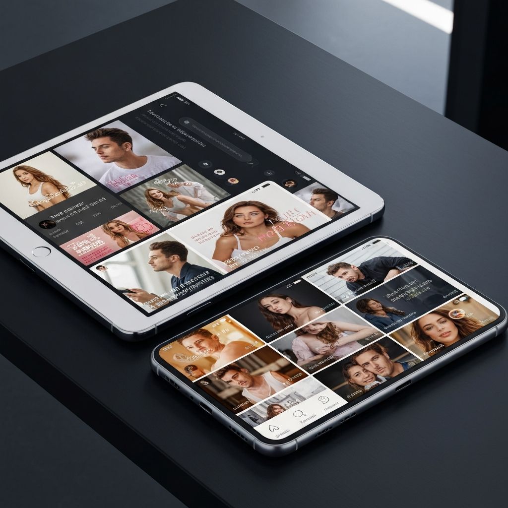 Celular e tablet exibindo series de drama com thumbnails de conteudo romantico e de suspense