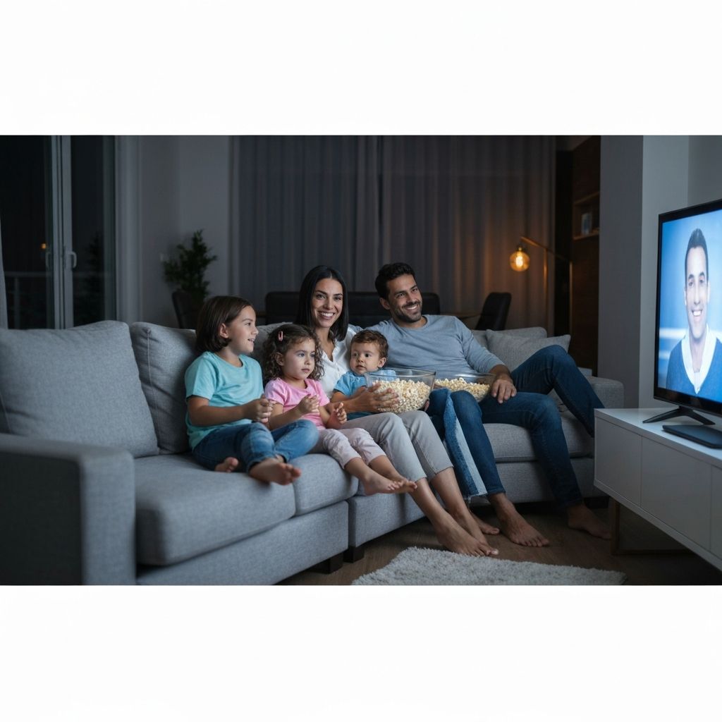 Familia assistindo TV juntos na sala de estar